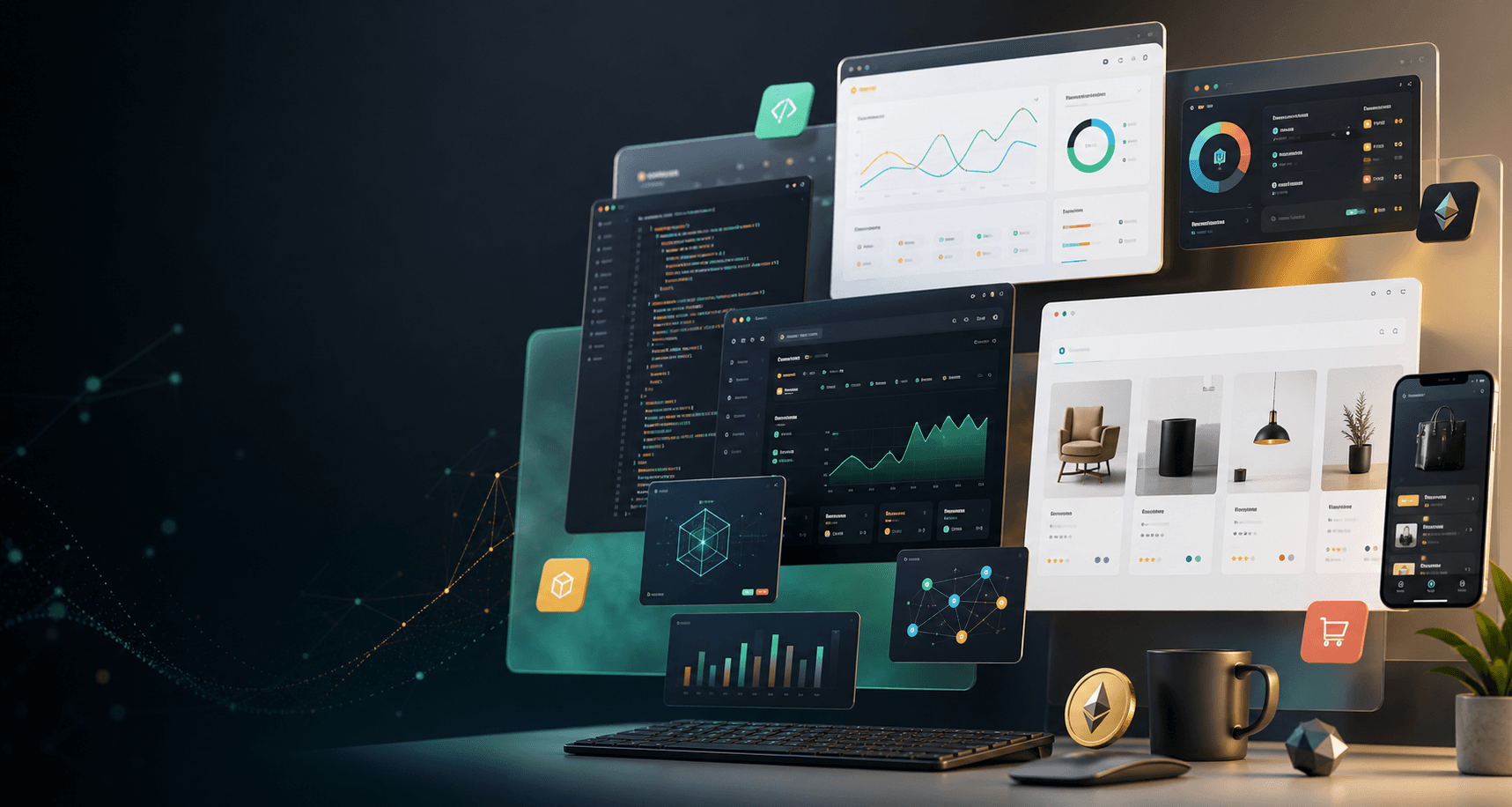 Layered product interfaces spanning dashboards, code editors, and on-chain tooling